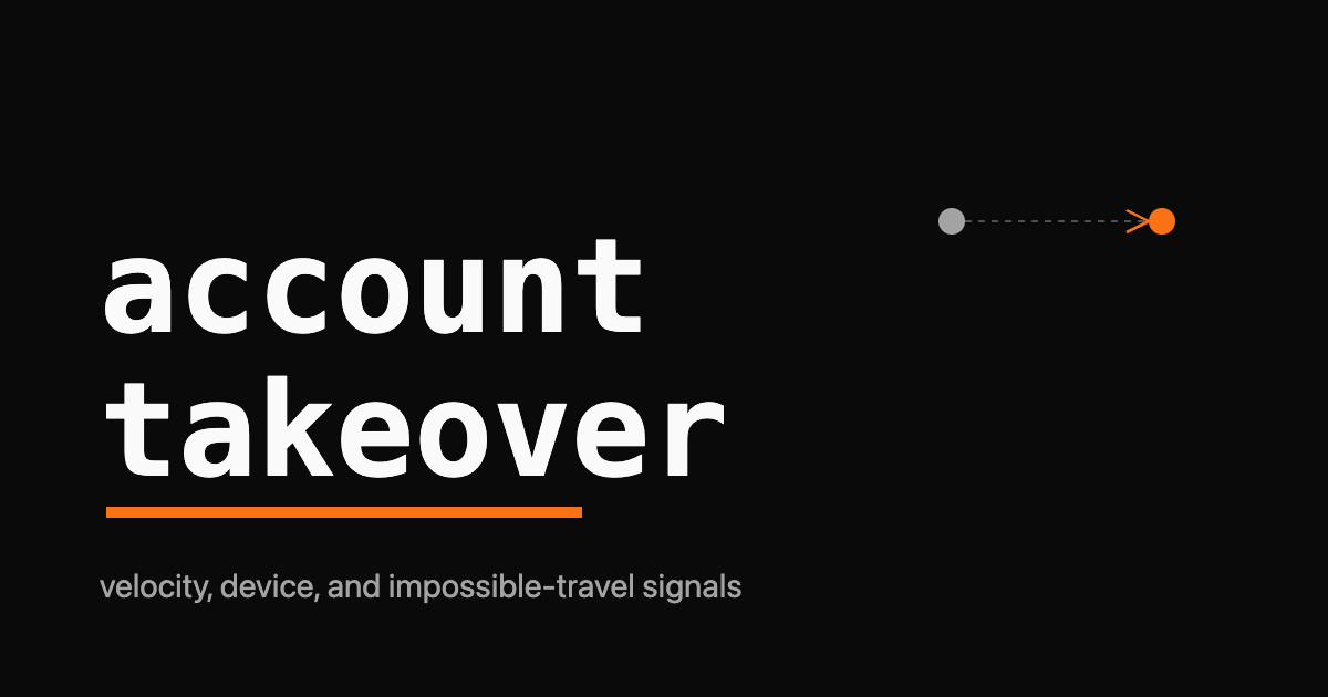 The phrase account takeover in monospace over two location pins joined by an arrow, one node orange