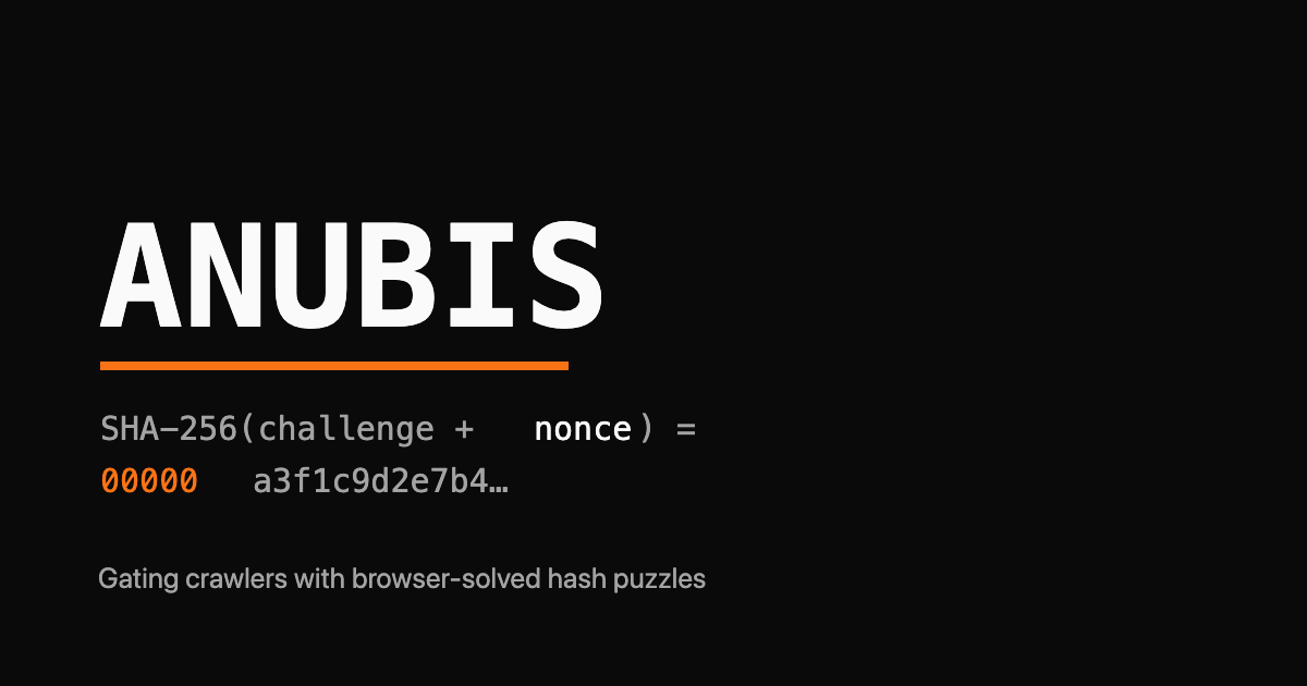 The word ANUBIS as a monospace wordmark with a SHA-256 leading-zero hash string highlighted in orange