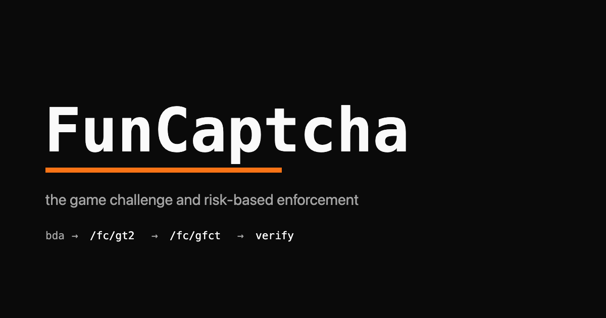 FunCaptcha wordmark with the gt2 to gfct to verify token flow beneath it