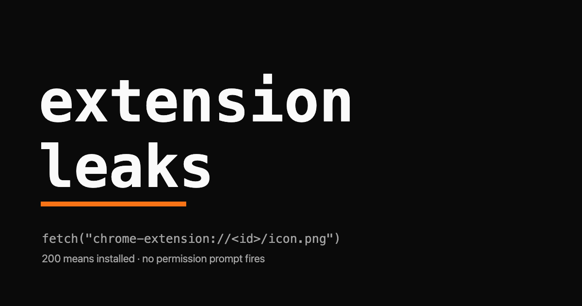 The phrase extension leaks rendered as a monospace wordmark with a chrome-extension URL probe underlined in orange