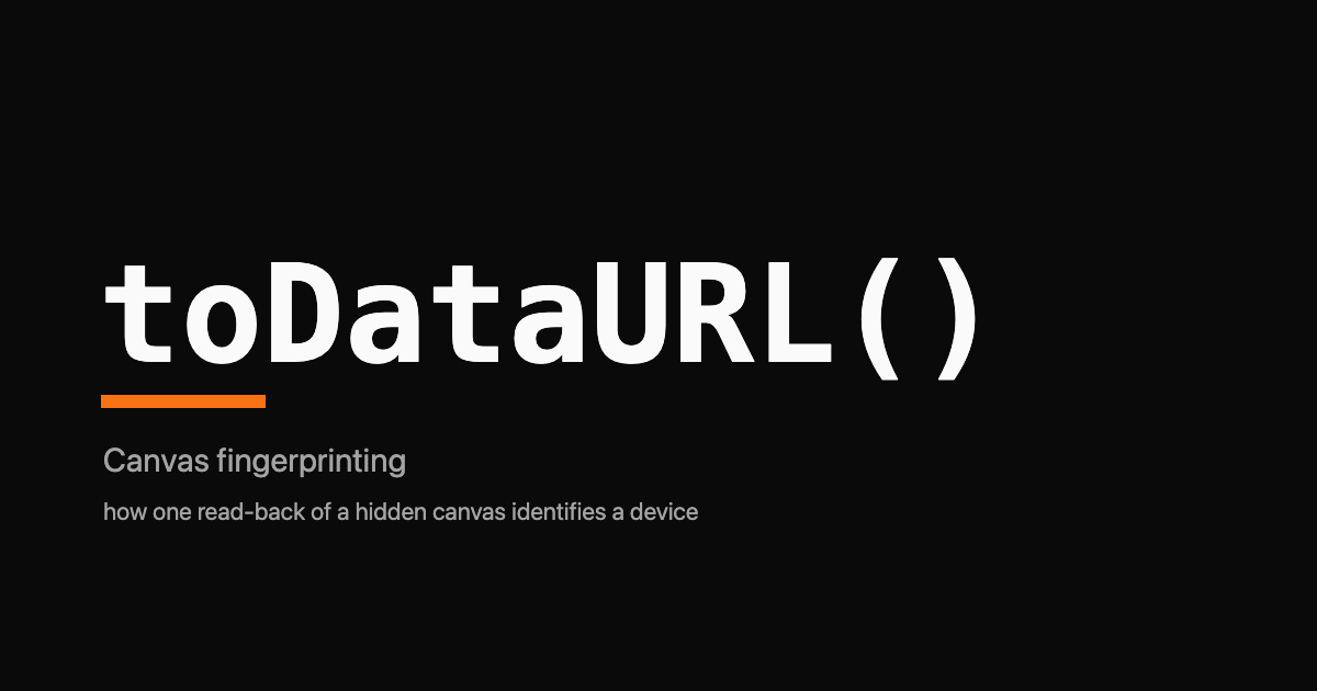 The call toDataURL() as a monospace wordmark with a single orange underline and a small grey canvas fingerprinting subtitle