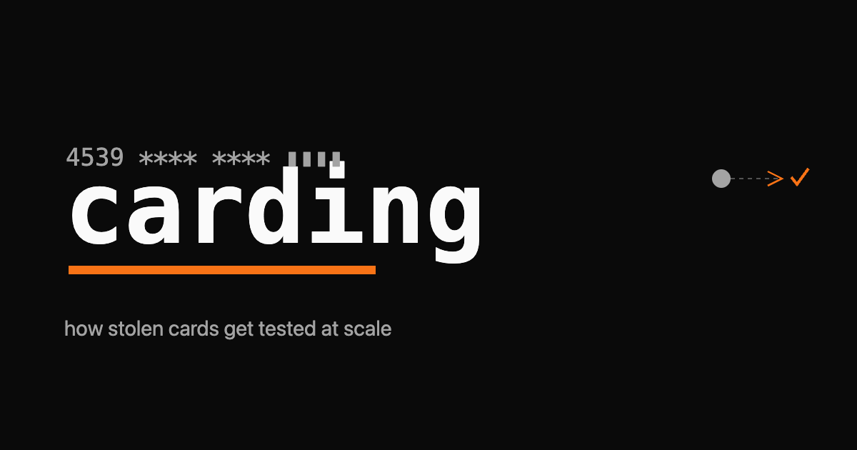 The word carding in monospace with an orange underline and a row of card-number digits resolving into a check mark