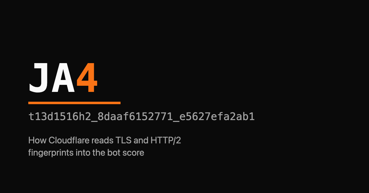 JA4 wordmark over a sample TLS fingerprint string, with the digit 4 in orange