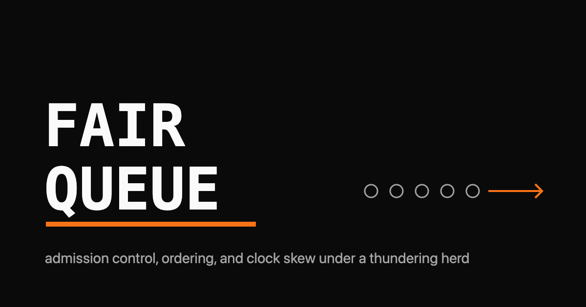 The words FAIR QUEUE in monospace with an orange admission arrow cutting through a row of waiting dots