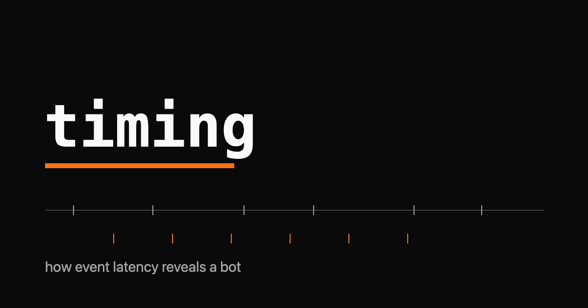 The word timing in monospace over a timeline of irregular human ticks above evenly-spaced bot ticks
