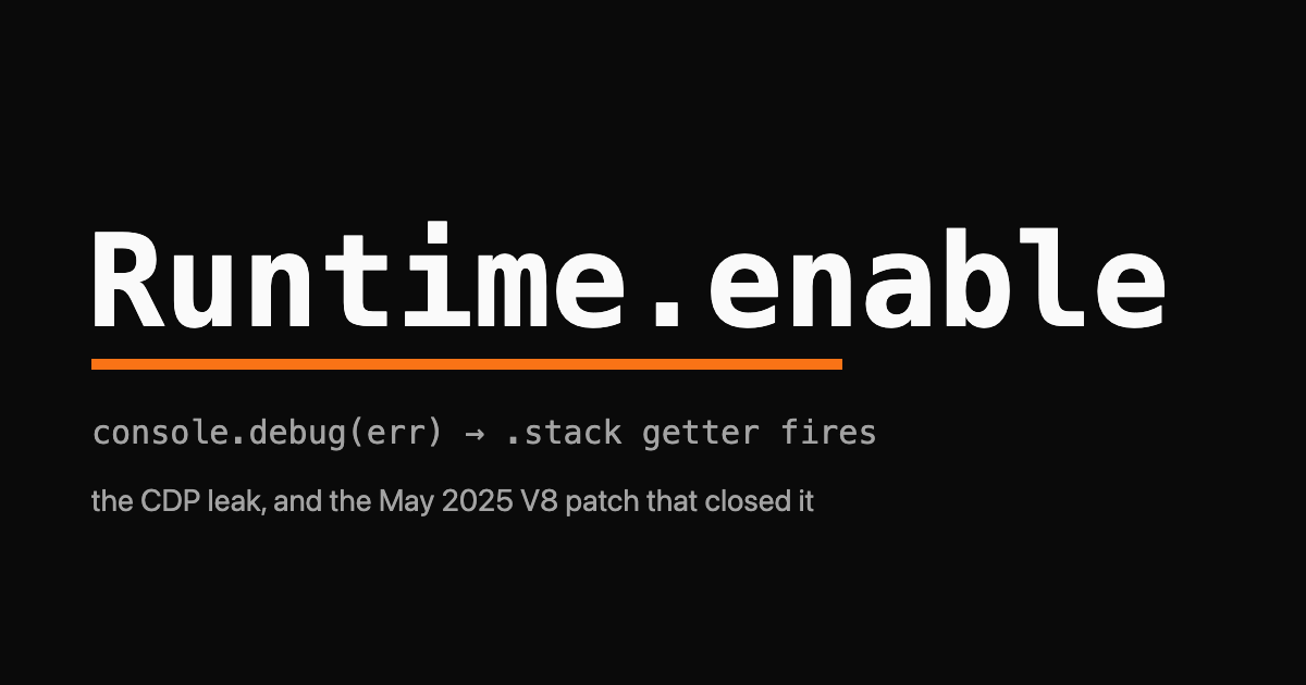 Wordmark reading Runtime.enable with an orange underline and a short snippet of error-getter detection code