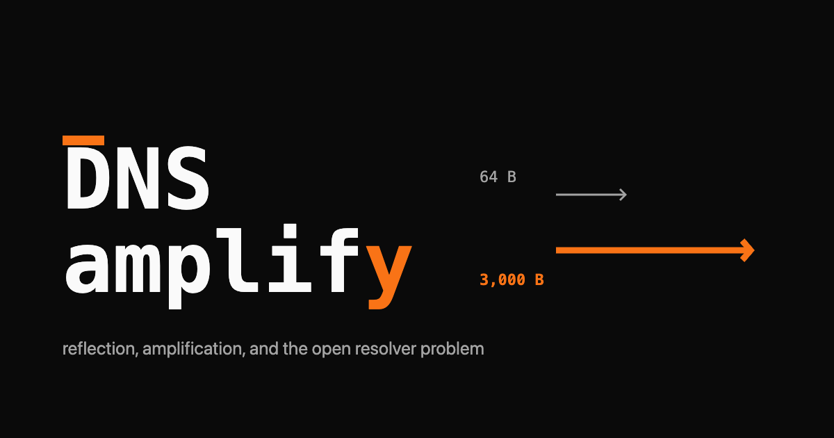 Wordmark reading DNS amplification with an orange arrow showing a small query becoming a large reflected response