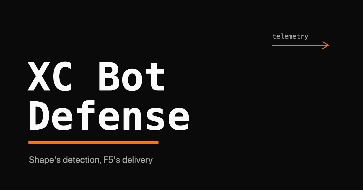 F5 XC Bot Defense wordmark with an orange telemetry arrow on a dark background