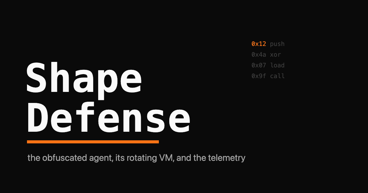 Shape Defense wordmark over a rotating-opcode bytecode strip on a dark background