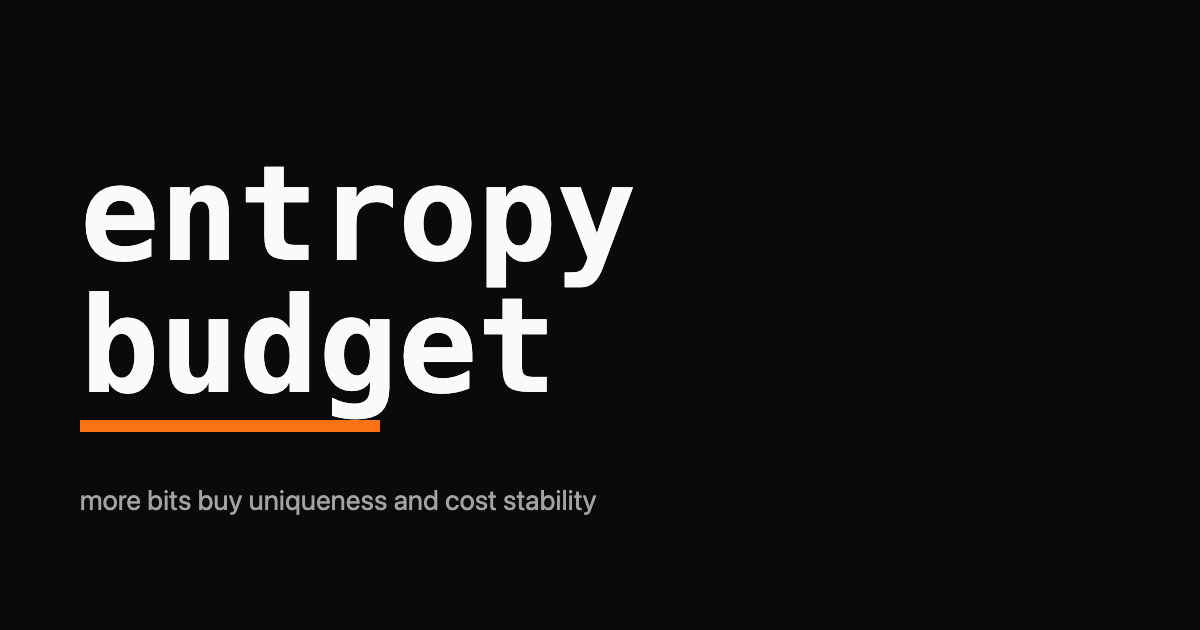 The words 'entropy budget' in large monospace type with an orange underline and the subtitle: more bits buy uniqueness and cost stability