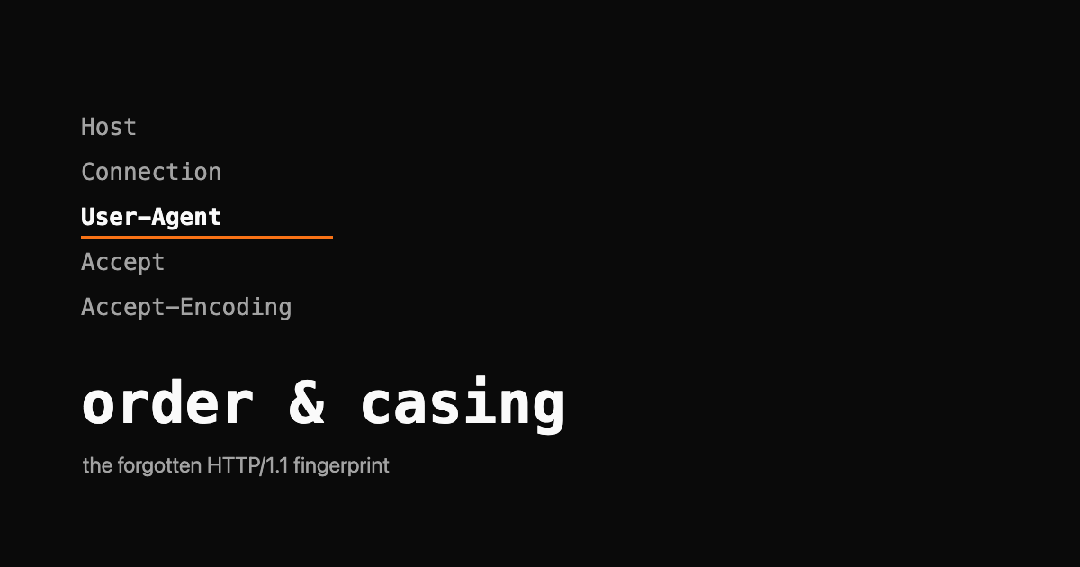 A stack of HTTP request headers in monospace, one labelled User-Agent rendered in mixed case and highlighted in orange, the rest in grey