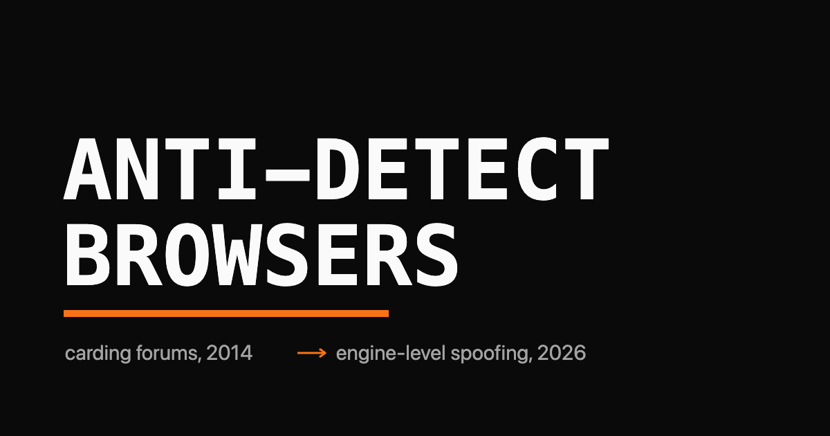 Anti-detect browsers wordmark with a timeline from carding forums to engine-level spoofing