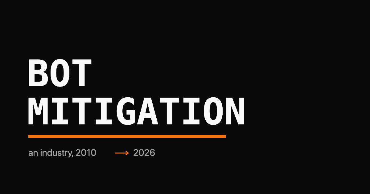 BOT MITIGATION wordmark with an orange 2010-to-2026 timeline arrow