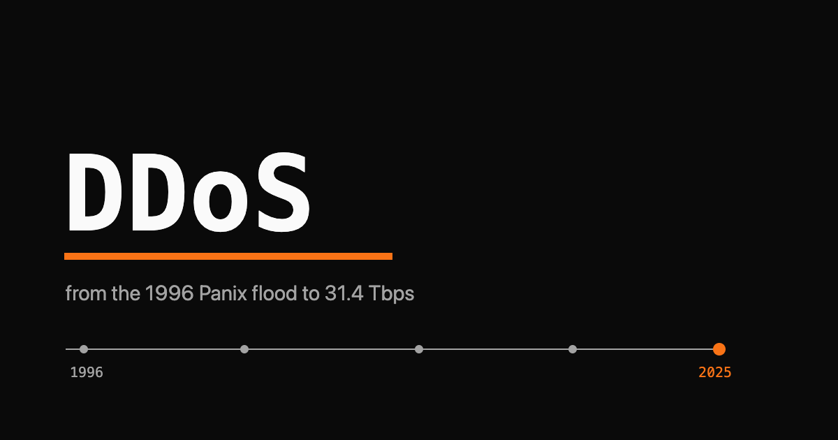 The letters DDoS as a large monospace wordmark with an orange flood arrow, over a faint timeline from 1996 to 2025