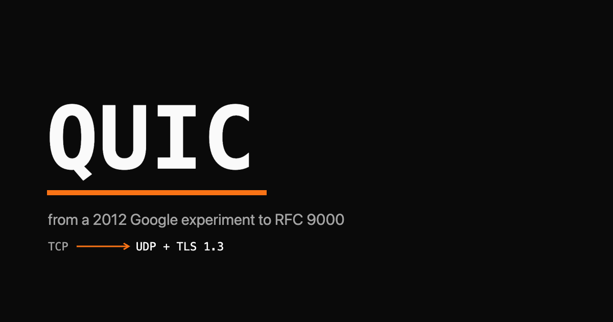 QUIC wordmark with an orange UDP arrow, over a black background
