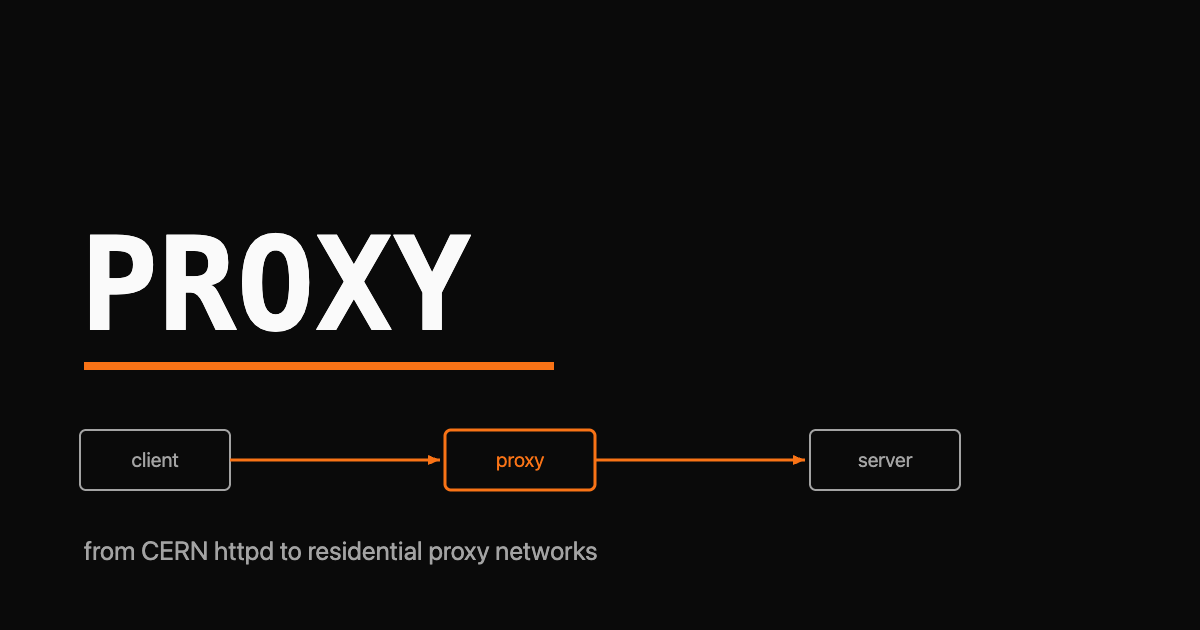 The word PROXY as a large monospace wordmark with an orange arrow passing a request through an intermediary box