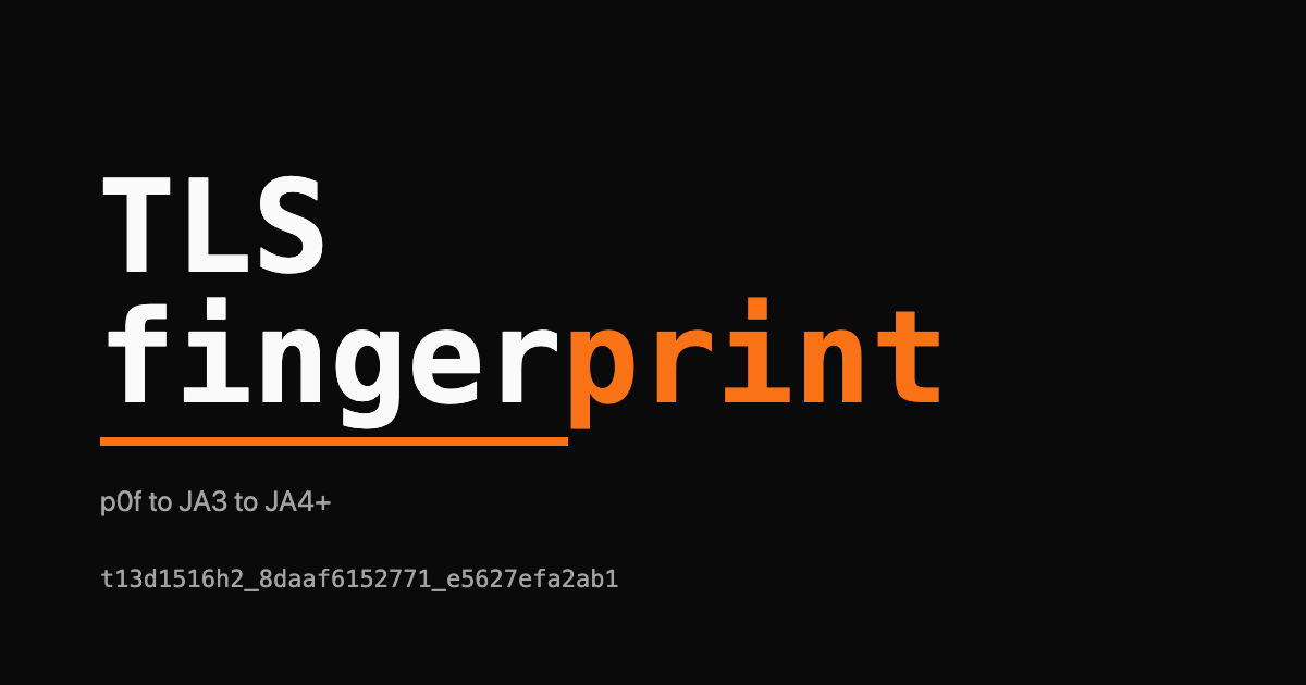 TLS fingerprinting wordmark with a sample JA4 string and an orange underline on a dark background