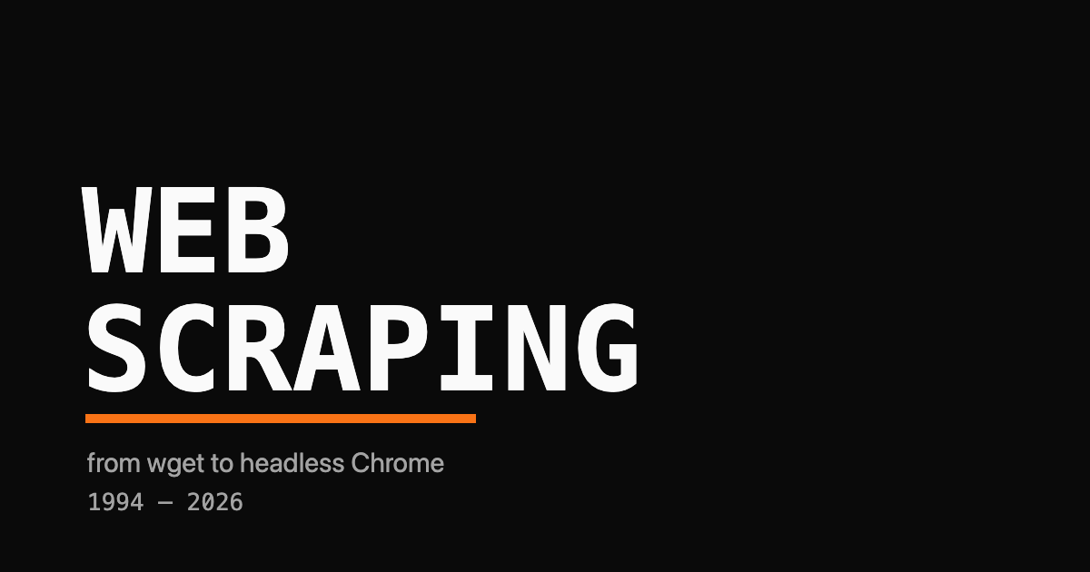 The words WEB SCRAPING as a monospace wordmark with a single orange underline bar and a small grey 1994 to 2026 subtitle