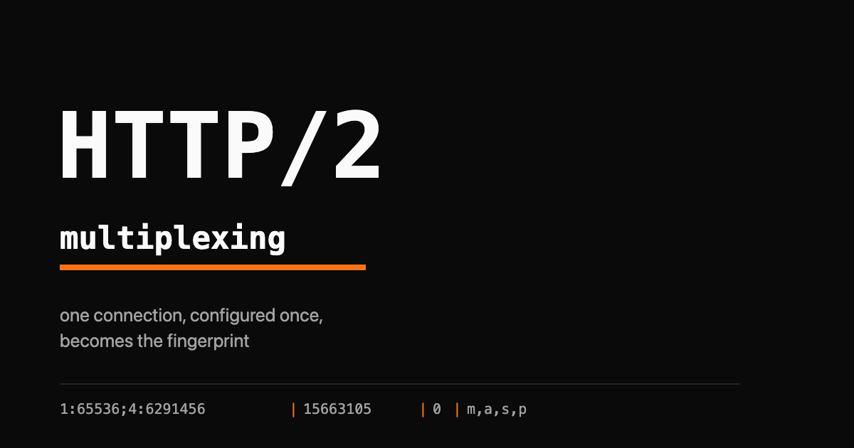 One multiplexed HTTP/2 connection carrying many streams, with the setup frames marked as the fingerprint surface