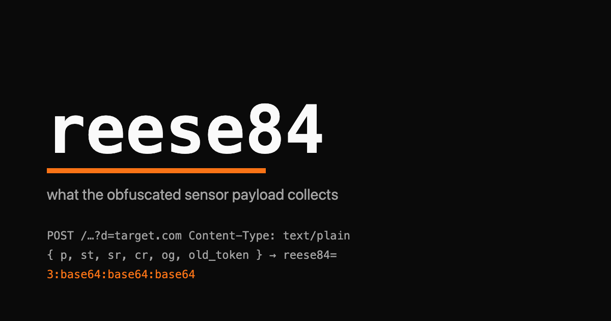 reese84 wordmark over an encrypted payload field layout on a dark background