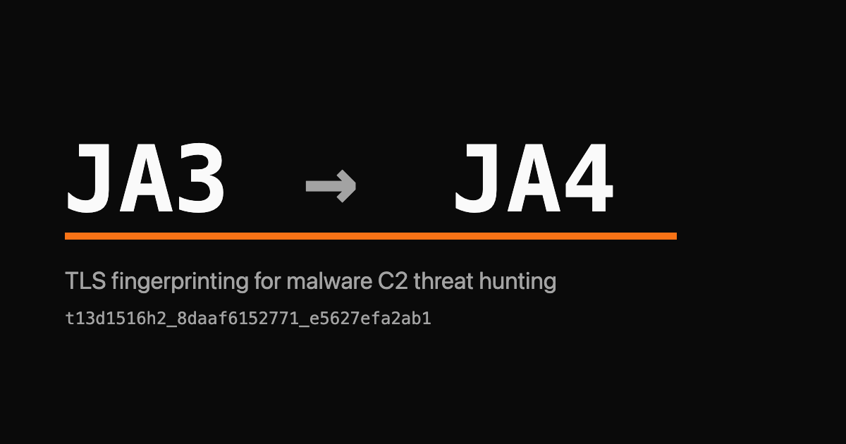 JA3 to JA4 wordmark with an orange accent on a dark background