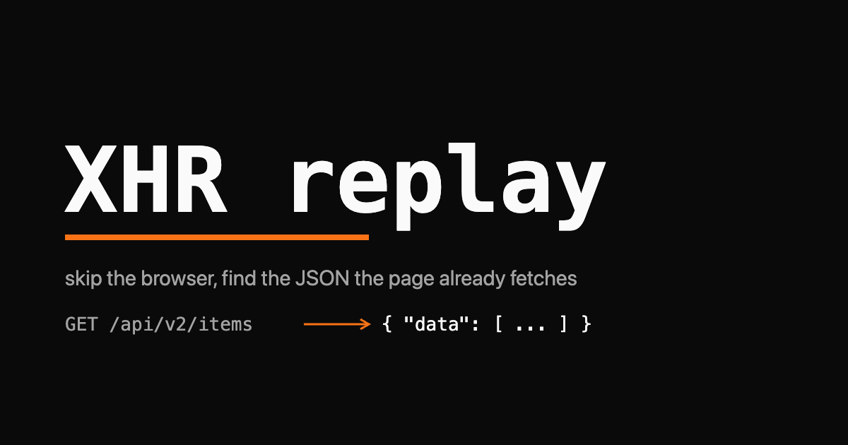 Wordmark reading XHR replay with an orange arrow from a browser box to a JSON endpoint