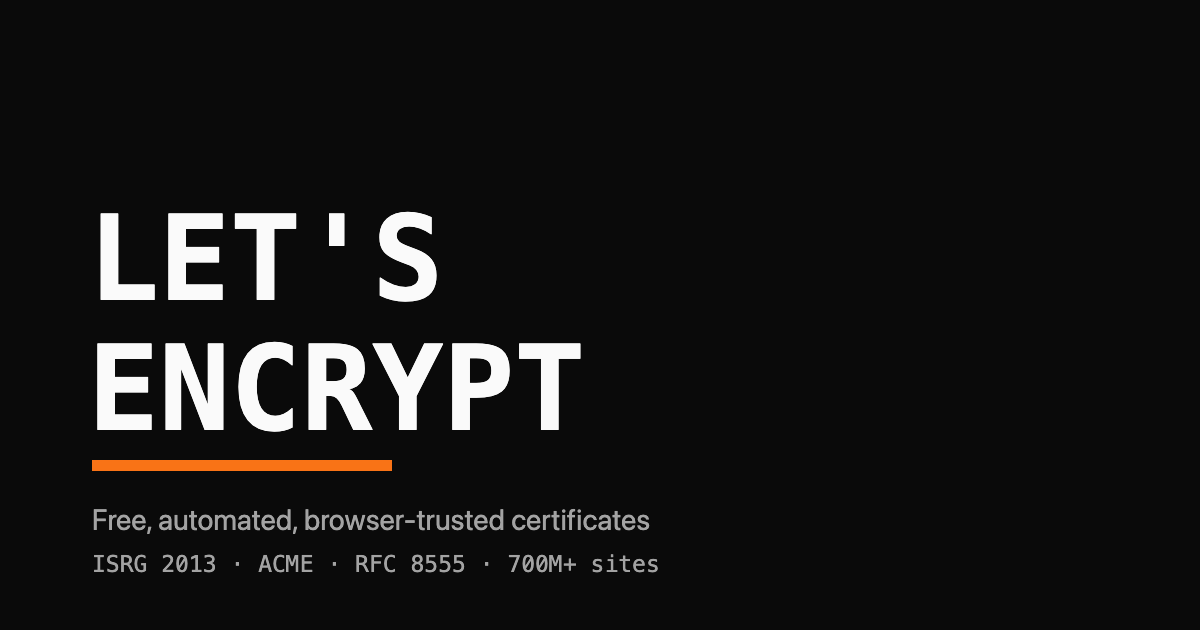 Let's Encrypt wordmark with an orange accent bar and the line ISRG 2013, ACME, RFC 8555, 700M+ sites