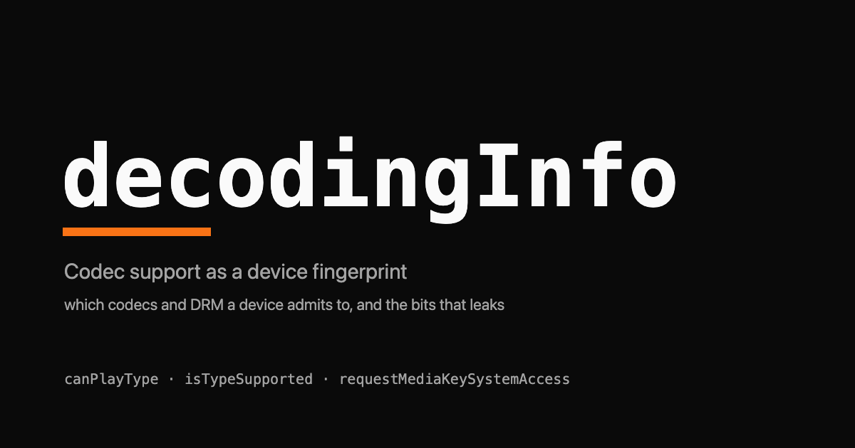 The word decodingInfo as a monospace wordmark with an orange underline, the subtitle codec support as a device fingerprint, and a row of API names in grey