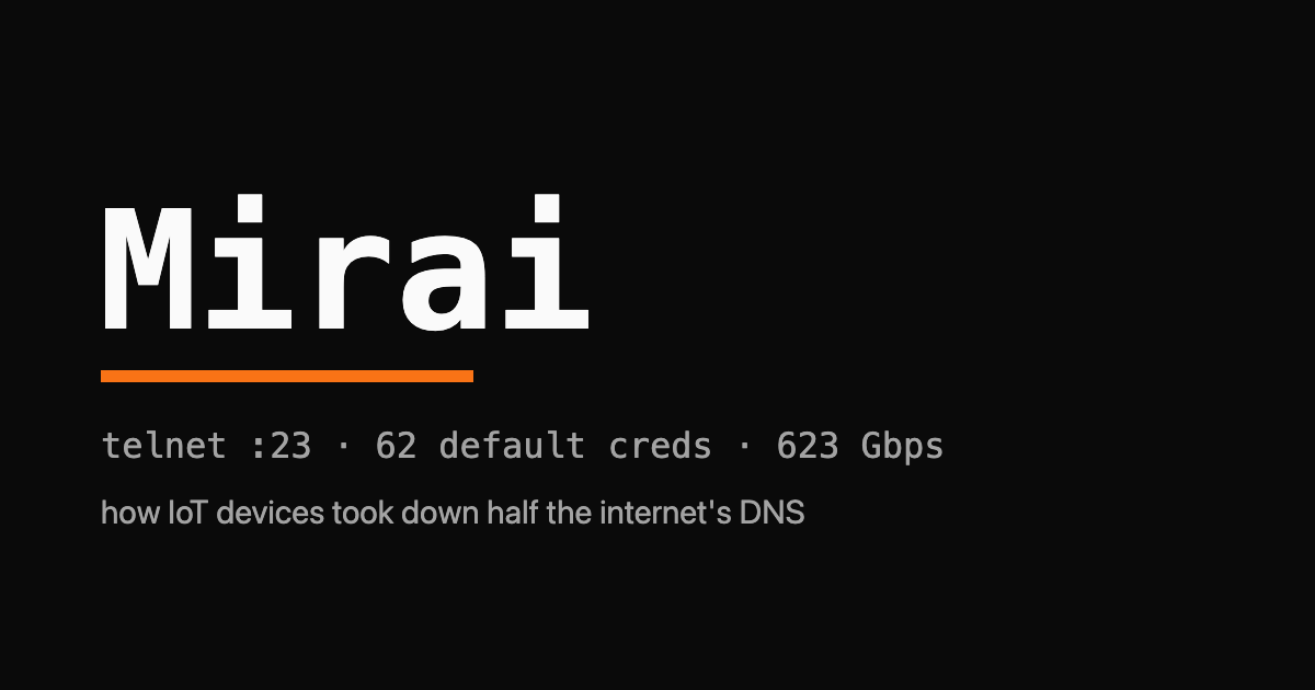 The word Mirai in mono type over a black field with an orange underline and the line telnet :23, 62 default creds, 623 Gbps
