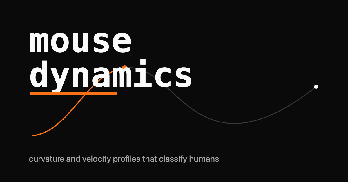 Mouse-movement biometrics wordmark with a curved cursor path and an orange velocity peak