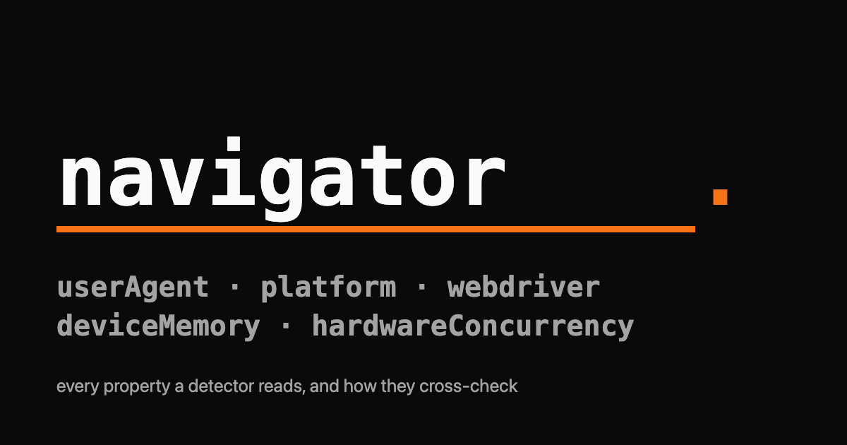 The wordmark navigator with an orange dot and underline, over a list of fingerprintable properties in grey monospace