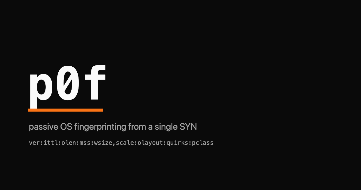 p0f wordmark in monospace over a dark background with an orange underline bar