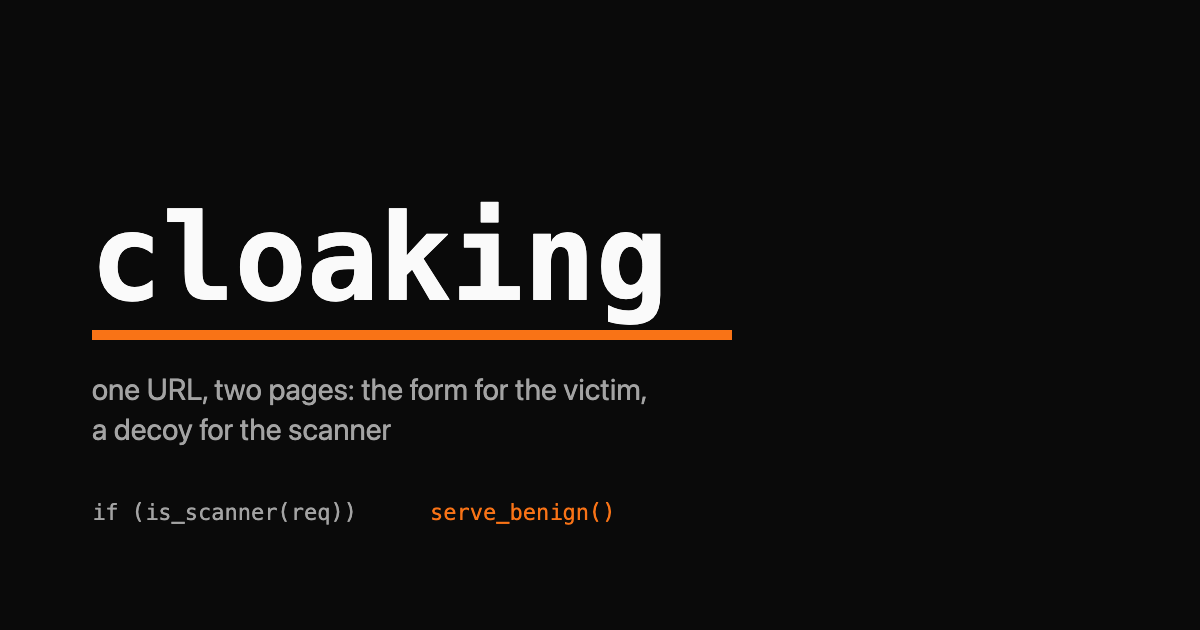 The word cloaking in monospace with an orange split between a benign decoy and a credential form