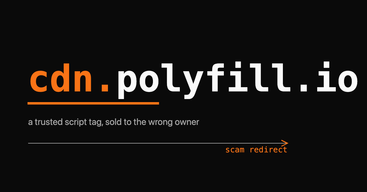 Wordmark reading cdn.polyfill.io with the cdn prefix in orange and an arrow bending toward a scam destination