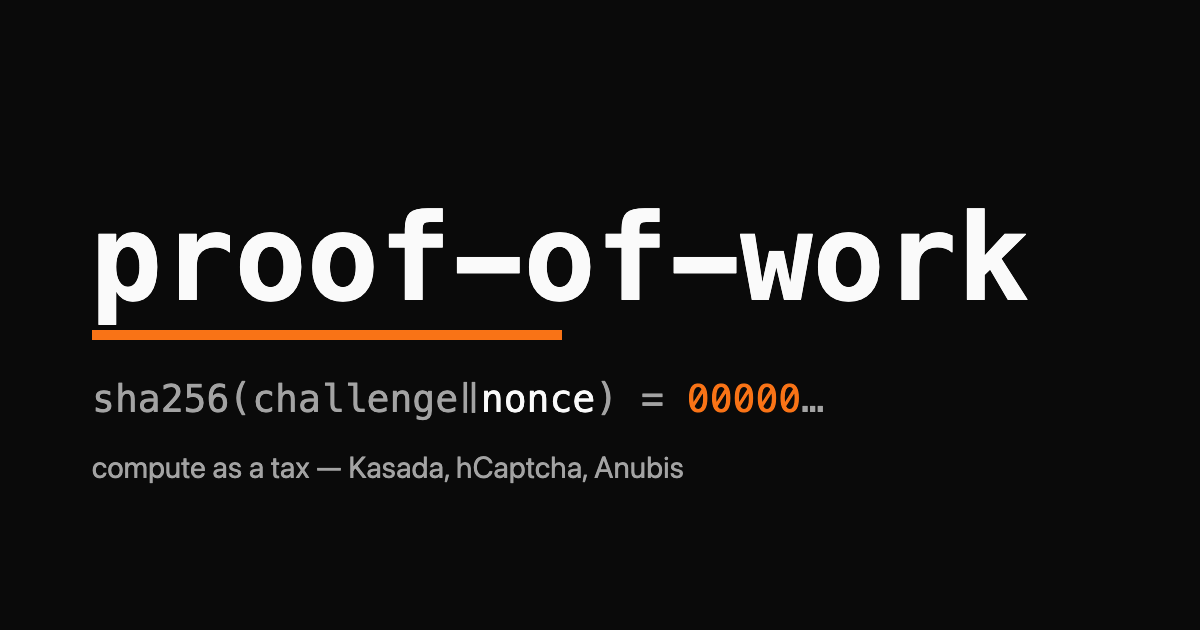 The phrase proof-of-work rendered as a monospace wordmark with a SHA-256 leading-zero string highlighted in orange