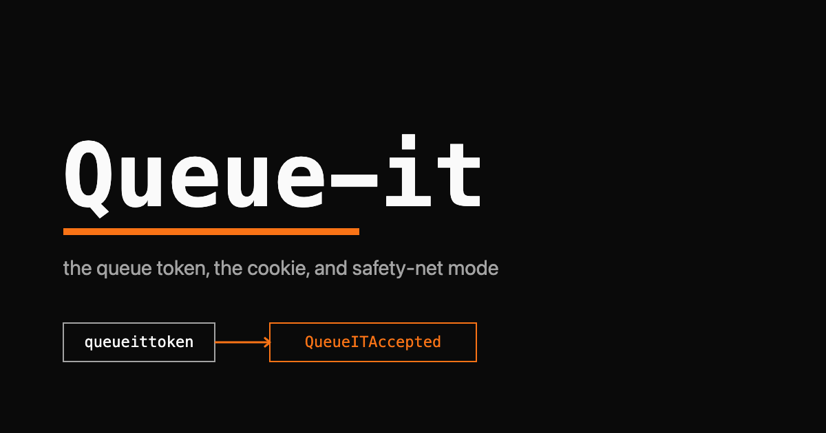 Queue-it wordmark in mono type with an orange token-and-cookie handshake motif