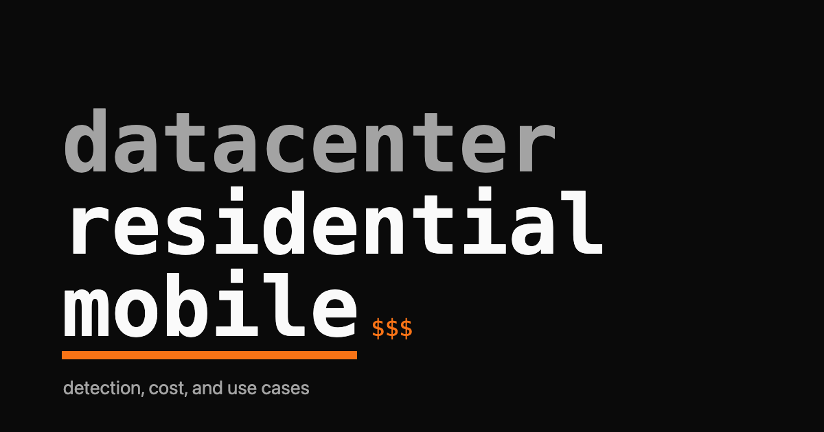 Three stacked proxy-type labels, datacenter residential mobile, with an orange bar marking the most expensive tier