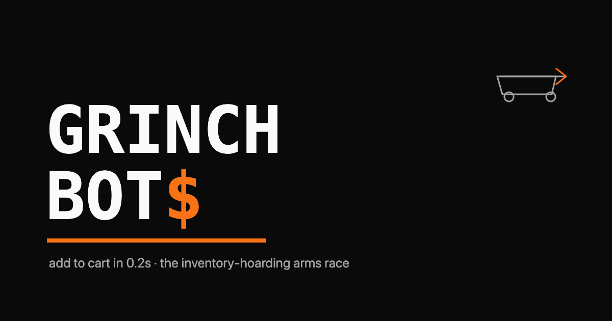 The words GRINCH BOT as a monospace wordmark with a single orange shopping-cart arrow racing past a checkout gate