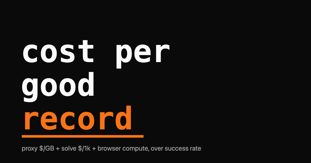 Wordmark reading cost per good record over a single orange accent bar