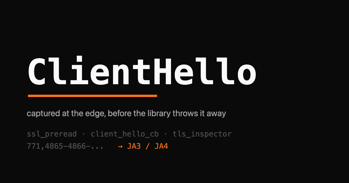 ClientHello label over a dark background, with an orange capture arrow into a fingerprint hash