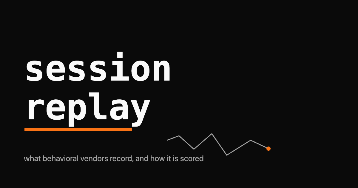 The words 'session replay' in monospace over a black field, with a jagged mouse-path polyline ending in an orange dot