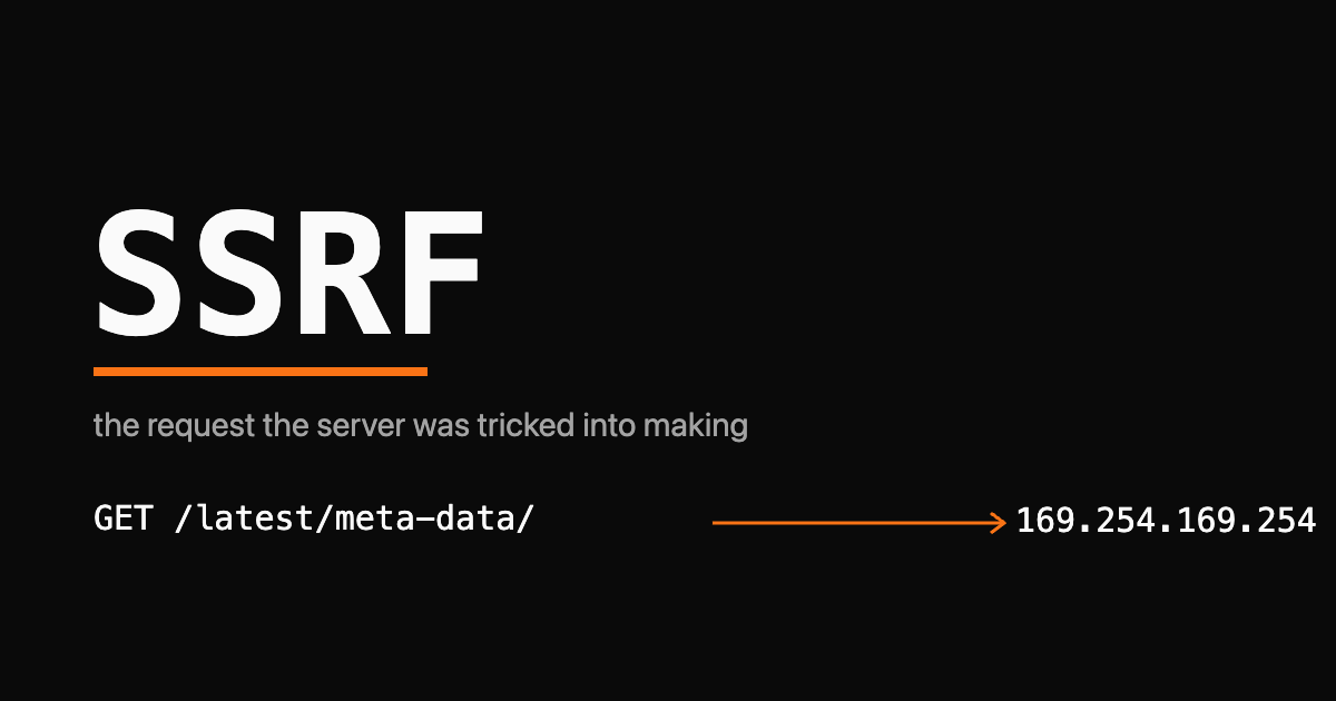 The word SSRF as a large monospace wordmark with an orange arrow bending a request toward 169.254.169.254