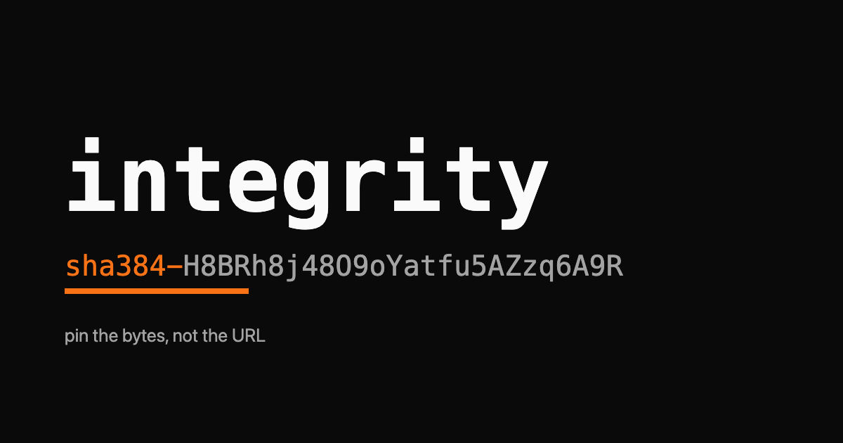 The word integrity in large monospace type with a single orange underline under the sha384 hash prefix beneath it