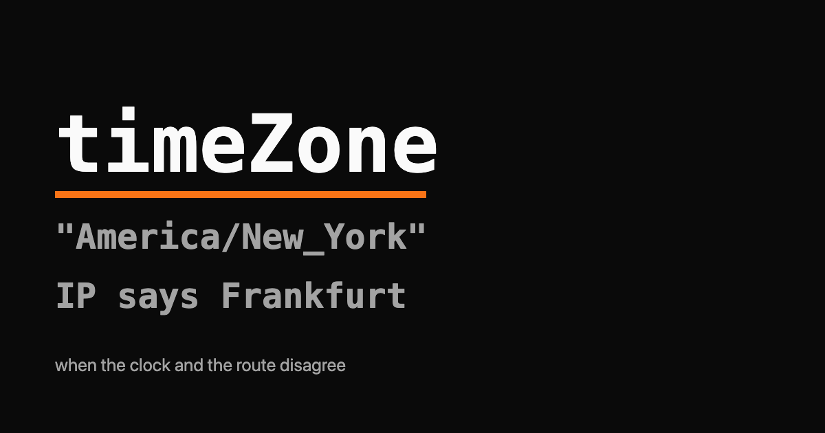 Monospace wordmark reading timeZone over the strings America/New_York and IP says Frankfurt, with an orange underline