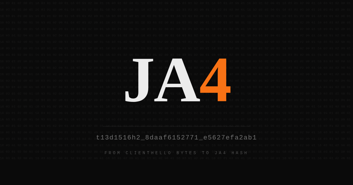 JA4 wordmark over a dark background of TLS handshake bytes