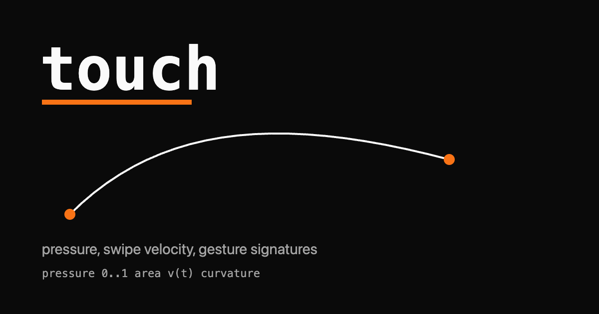 A stylized swipe trajectory with pressure and velocity labels over a dark background