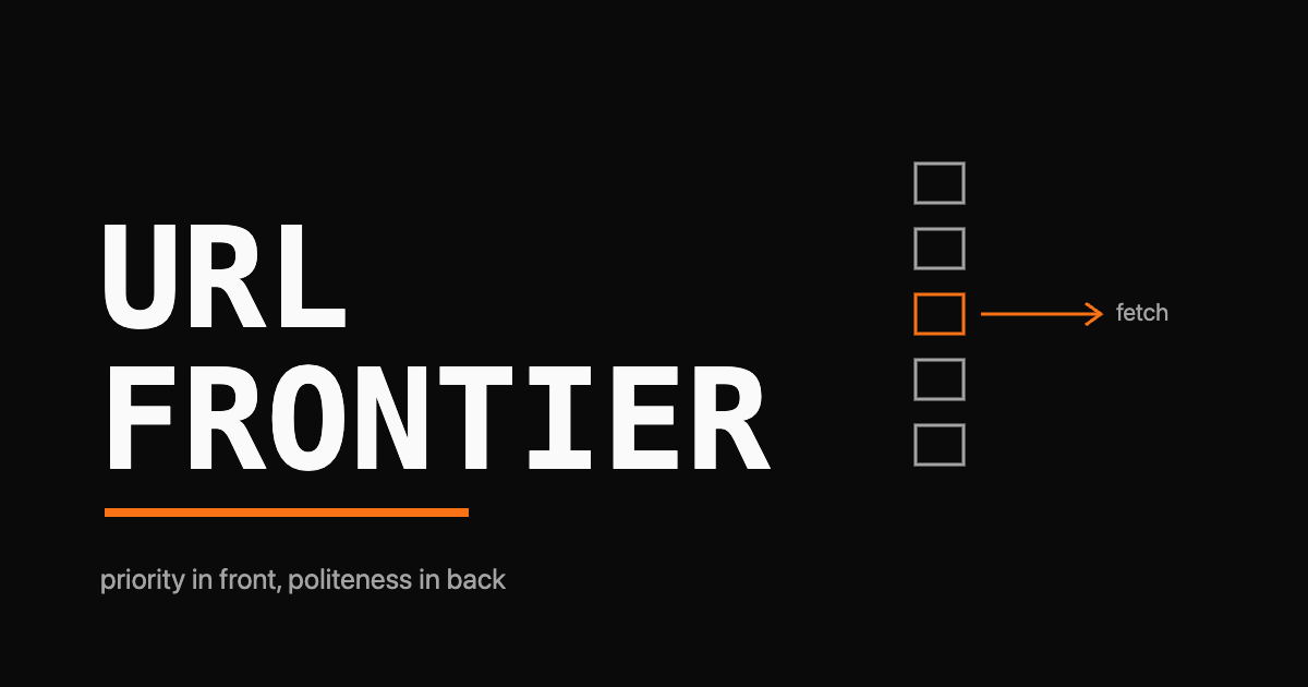 URL FRONTIER wordmark with a column of host queues feeding a single fetch arrow