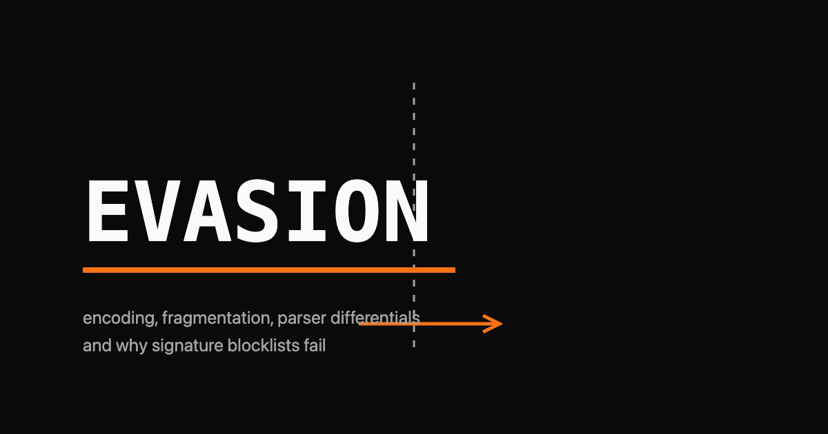 The word EVASION in large monospace type with a single orange arrow slipping past a vertical barrier line