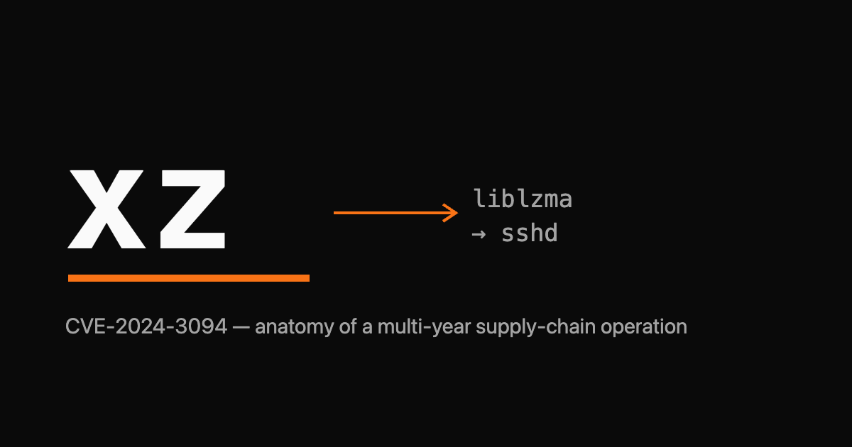 Wordmark reading xz with a small orange ssh arrow bending into it, captioned CVE-2024-3094